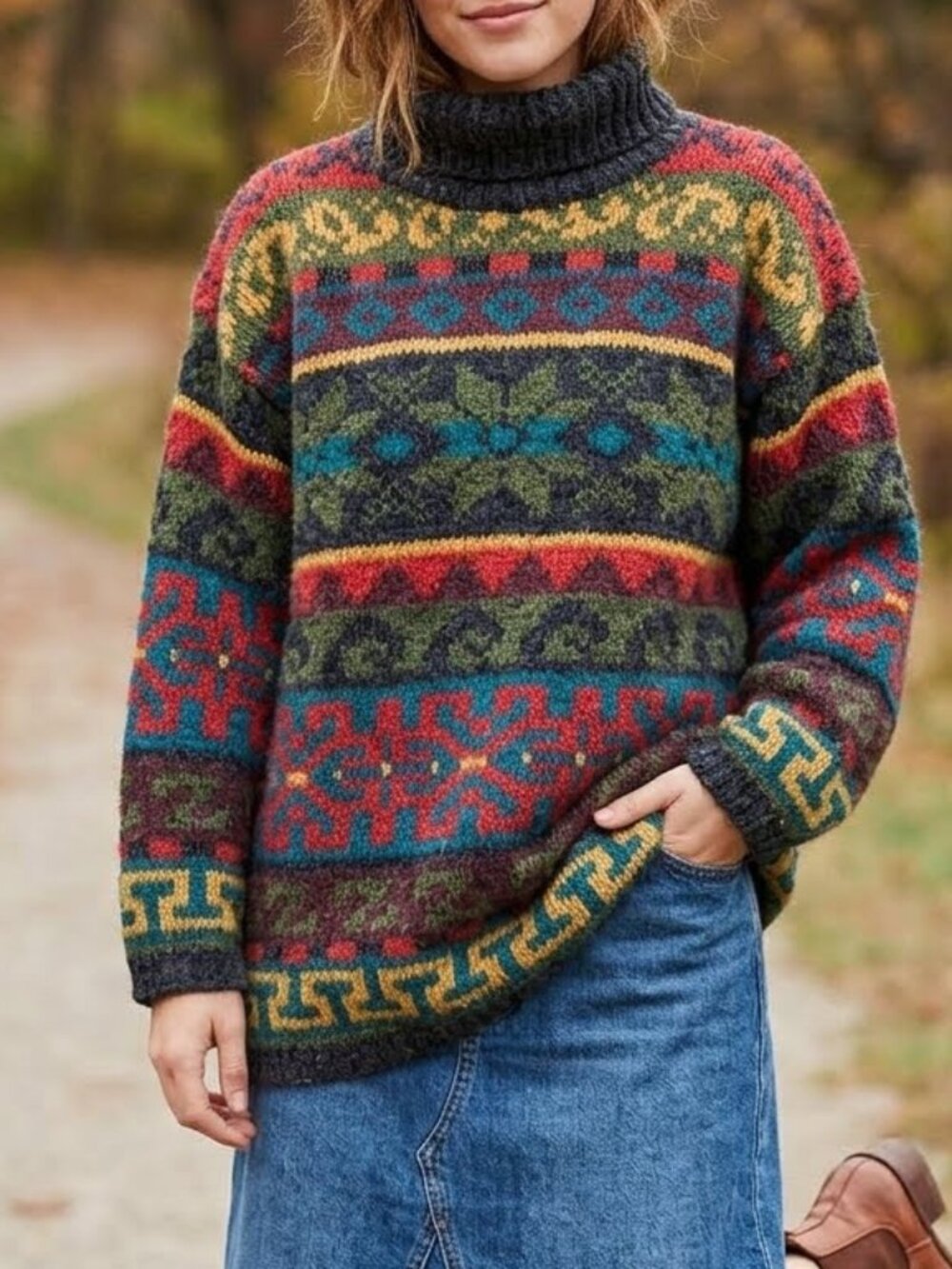 Heather Women's Chunky Knit Sweater Wool Blend Size M Turtleneck Fair Isle